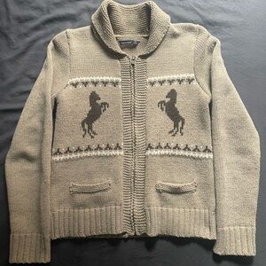 Bluenotes Taupe Zip-Up Shawl Collar Men’s Sweater with Horse Motif